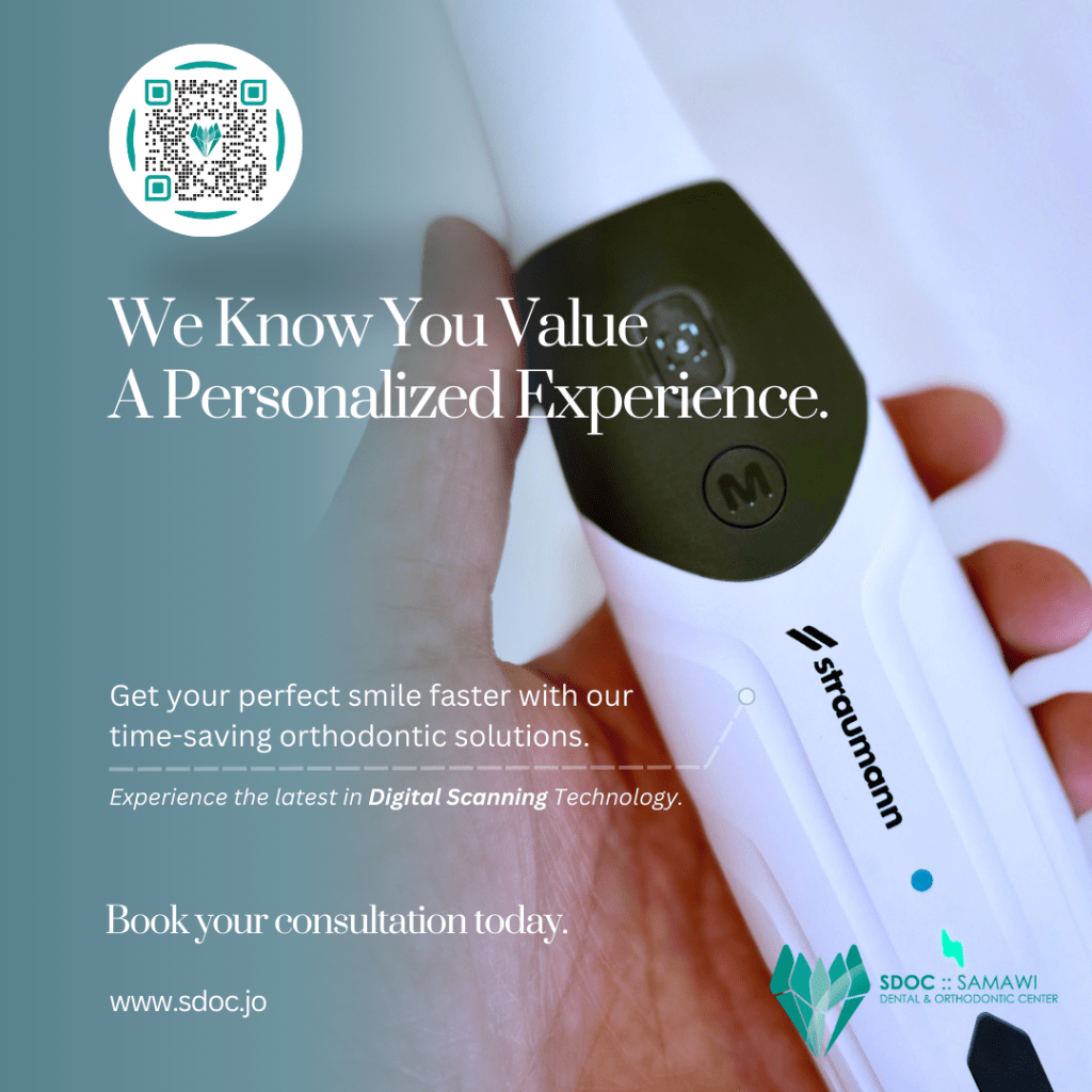 A hand holding a digital scanning device, with promotional text for personalized orthodontic solutions in the background emphasizing time-saving and consultation booking.